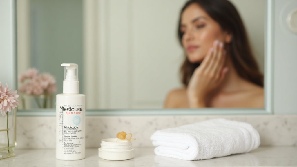 Medicube Spot Care bottle on bathroom counter with woman's reflection in mirror