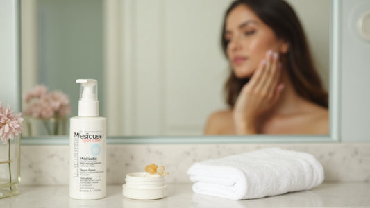 Medicube Spot Care bottle on bathroom counter with woman's reflection in mirror