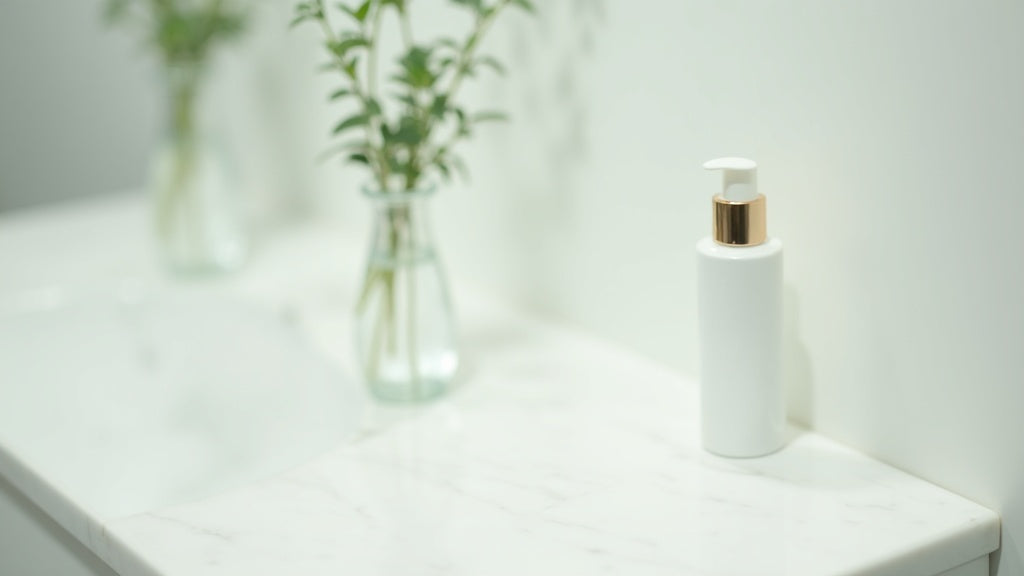 Oil-free moisturiser UK on marble vanity with eucalyptus