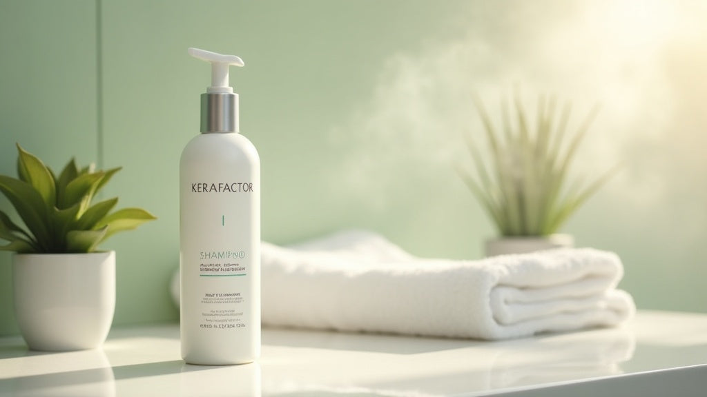 Kerafactor shampoo bottle on a marble vanity with towel and plant