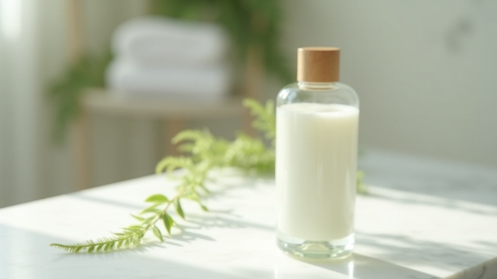 Best conditioner for dry hair UK - glass bottle on marble vanity with fern