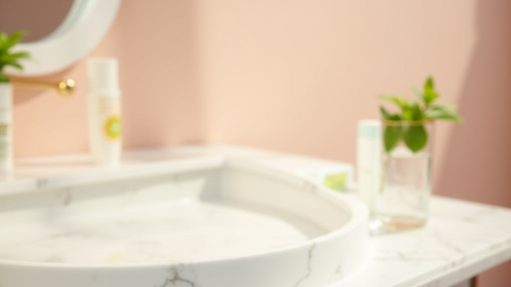Sunscreen guide for beginners UK – white SPF tube on marble vanity with mint sprig and morning light