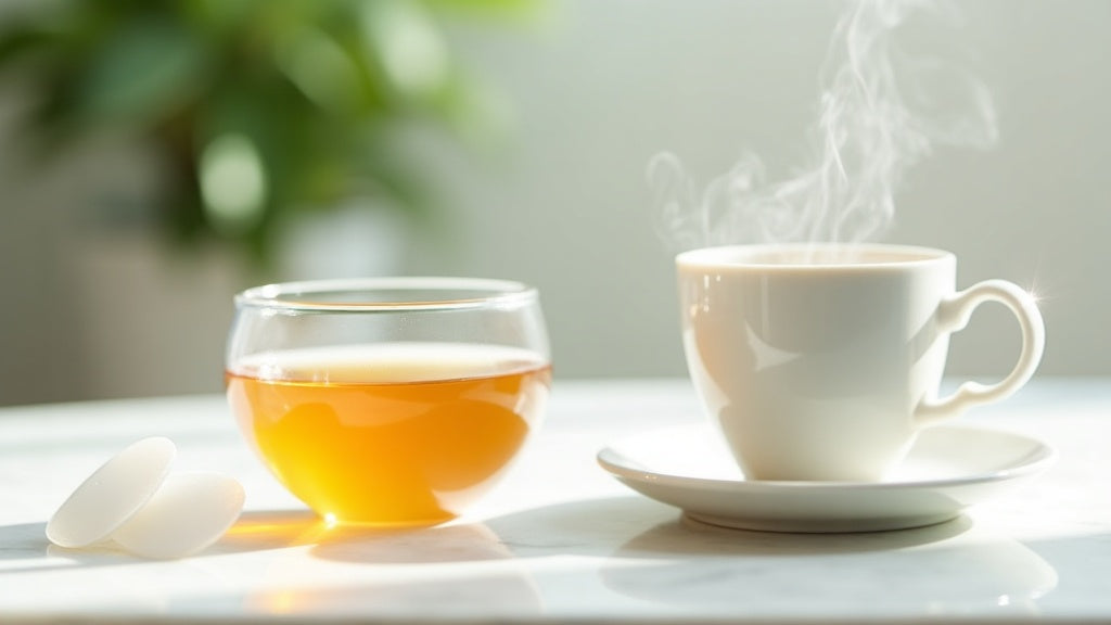 Hydrogel eye patch collagen uk on marble surface with tea cup