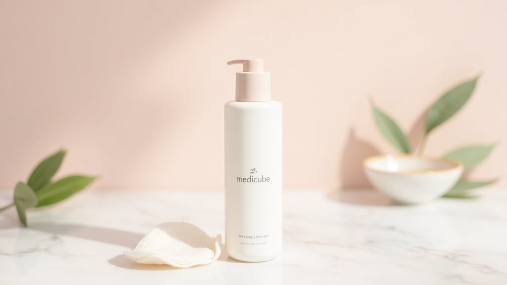 Medicube drying lotion bottle on marble with cotton pad and leaves, UK skincare routine