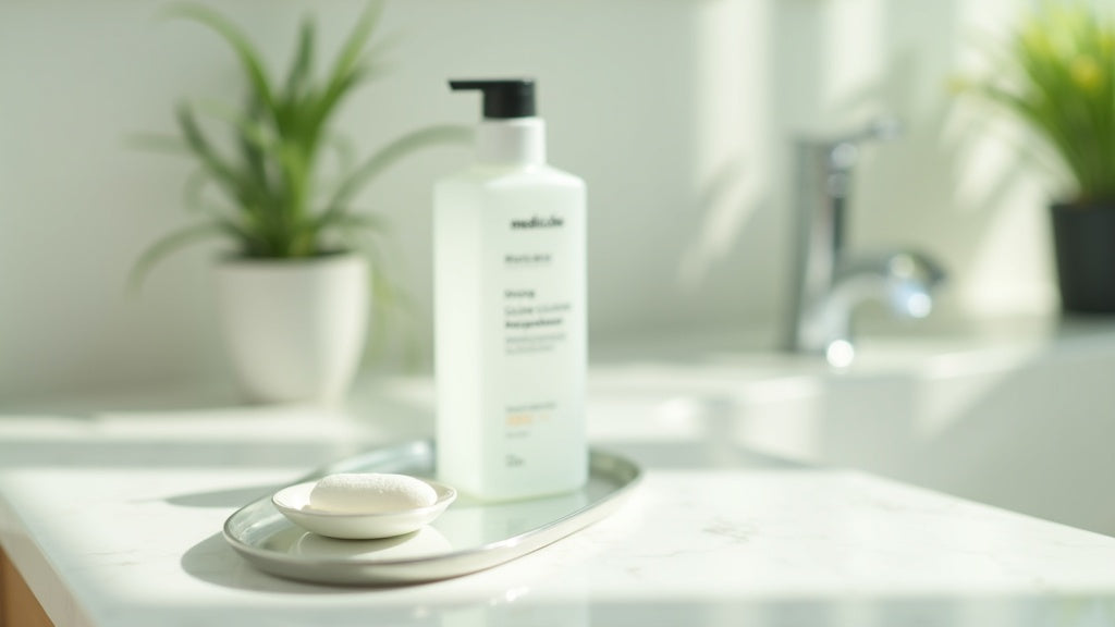 Medicube Drying Lotion bottle on marble vanity with cotton pads, morning light, UK skincare