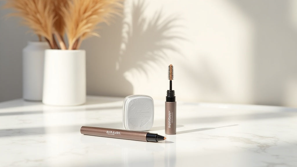 Avelisse eyebrow stamp and stencil kit on marble vanity with brow pencil and brush