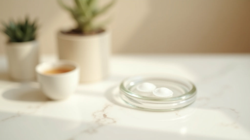 Best collagen eye patches for dark circles on a marble vanity with tea and succulent