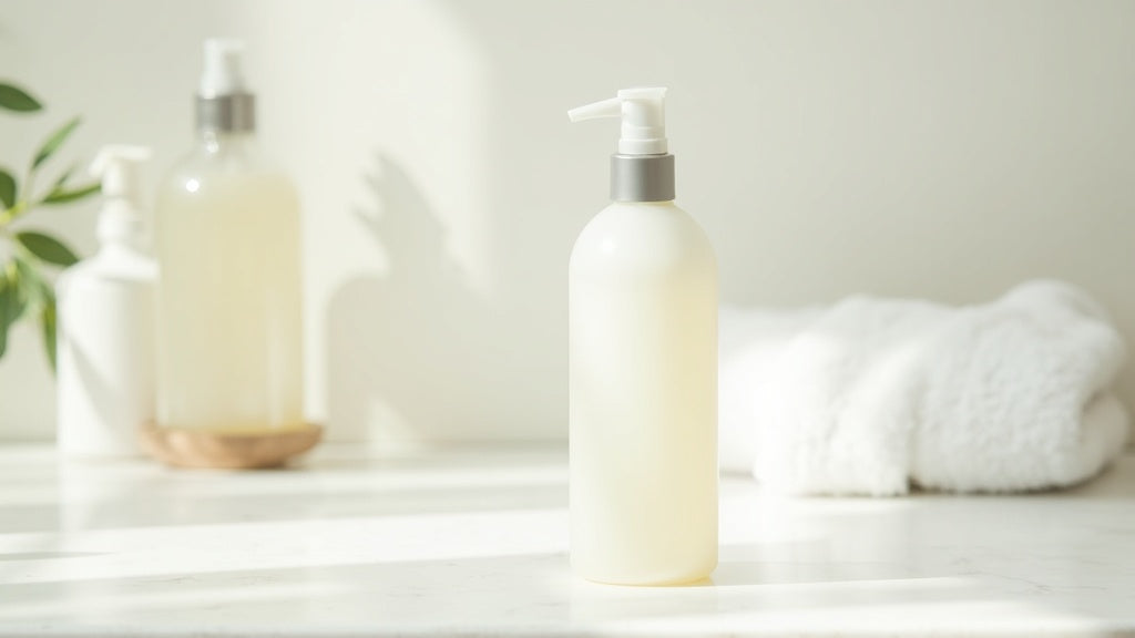 Leave-in conditioner UK bottle on marble vanity with eucalyptus and towel