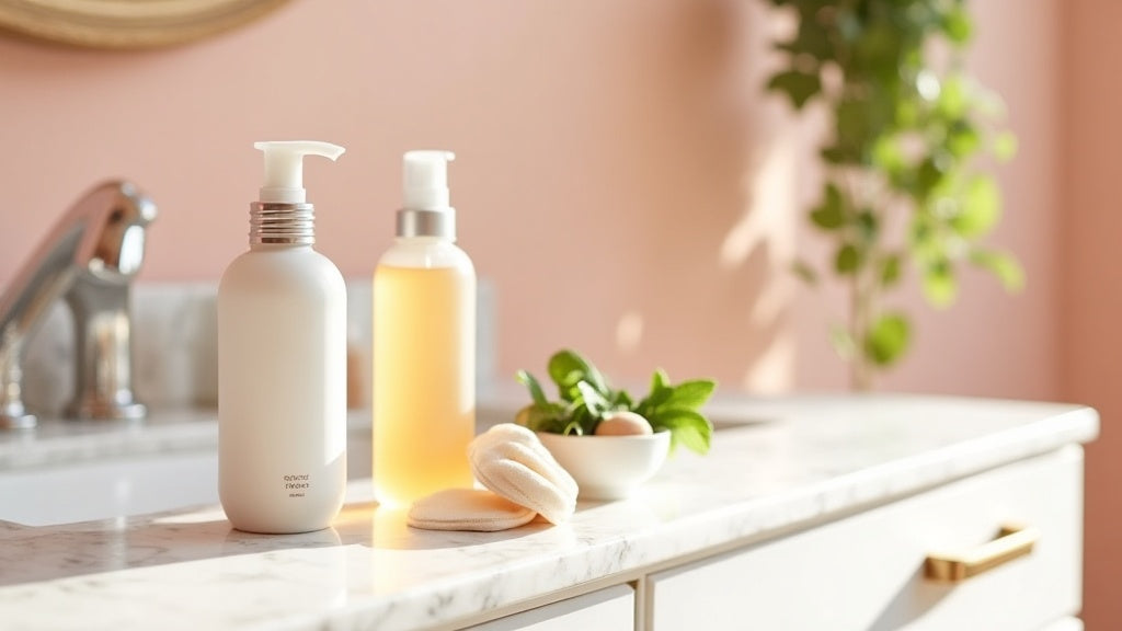 Streak-free tan UK self-tanner bottles on marble vanity