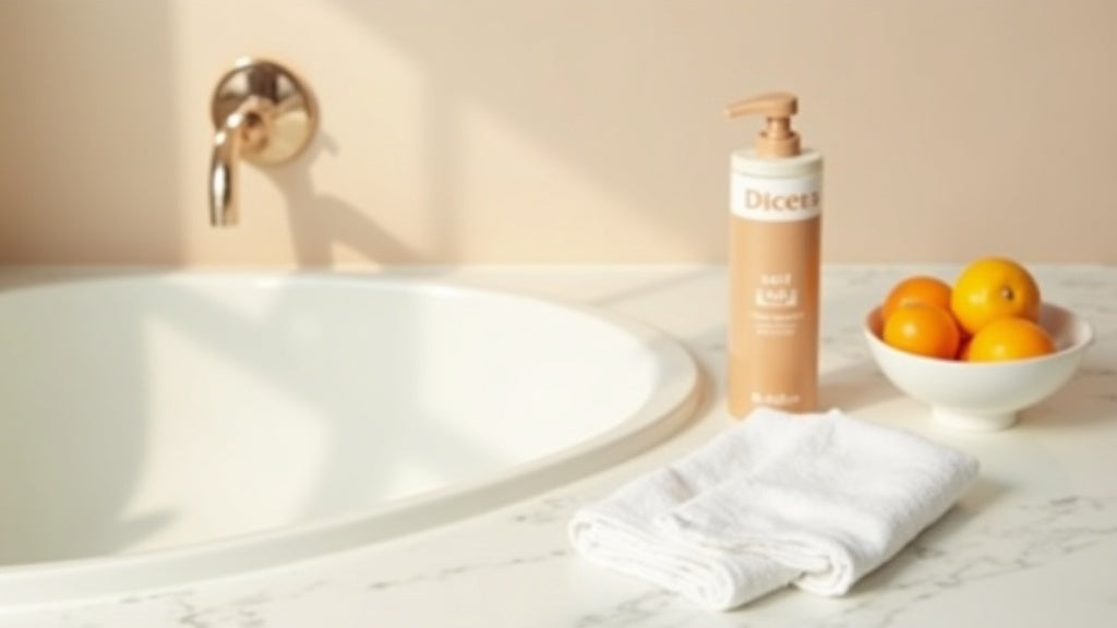 Streak-free tan UK essentials on marble vanity with self-tan bottle and gloves