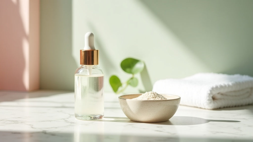 How to exfoliate skin UK: exfoliating serum on marble vanity with natural light