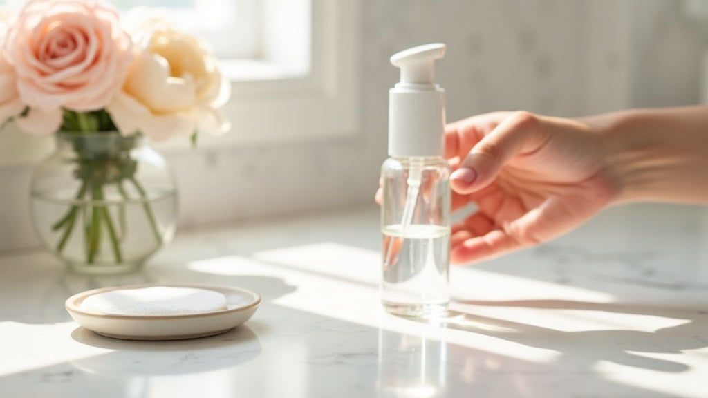 Alcohol free toner UK on a marble vanity with cotton pad and flowers