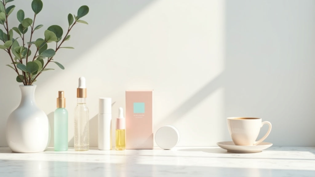 Korean beauty vs western skincare products displayed on a marble vanity