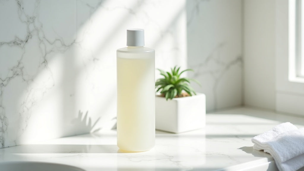 Sulphate free shampoo UK - minimalist bottle on marble vanity