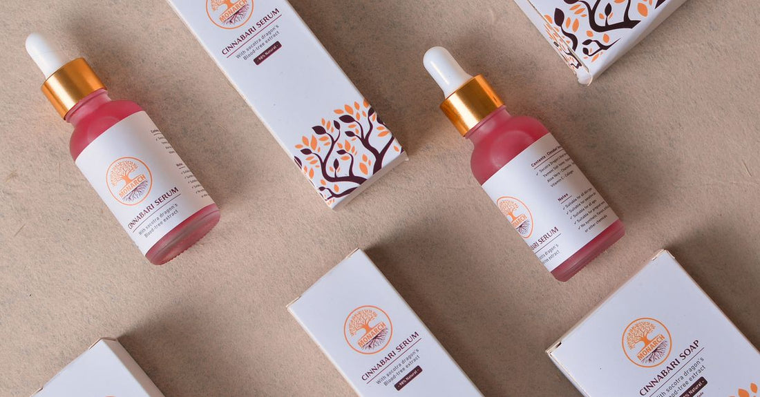 A flatlay of skincare serums and creams for fading acne scars, including niacinamide and vitamin C products.