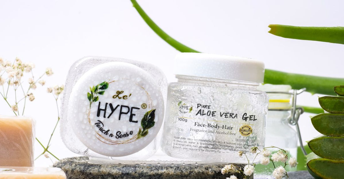 Aloe vera gel bottle for treating sunburn at home, shown on a light surface.