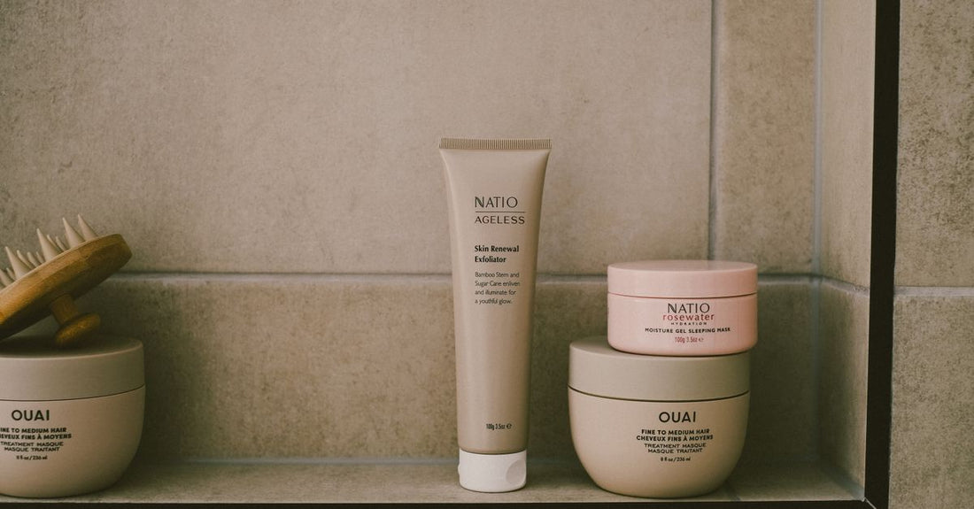 A shelf displaying various skincare products, illustrating how to choose products UK for different skin types.