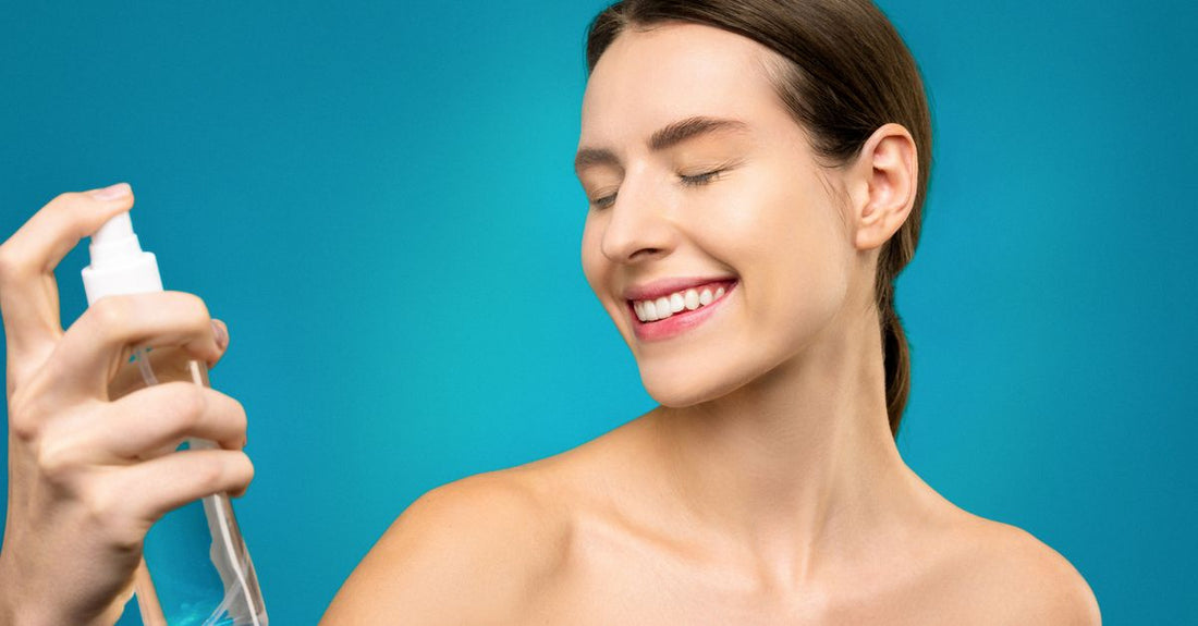 Best setting spray for oily skin UK shown as a mattifying mist bottle on a light background with a fine spray nozzle.