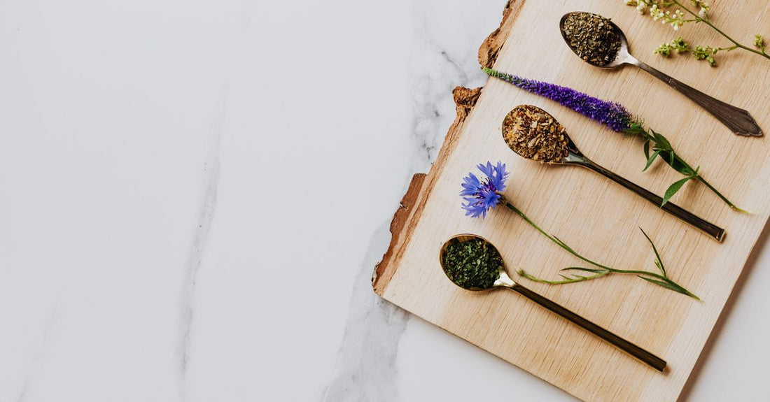 A flatlay of Froya Organics products with botanical ingredients like rosehip, sea buckthorn, and pomegranate on a neutral background.
