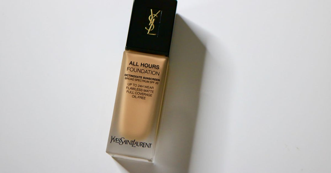 Matte foundation bottle on a white marble surface, representing the best foundation for oily skin UK