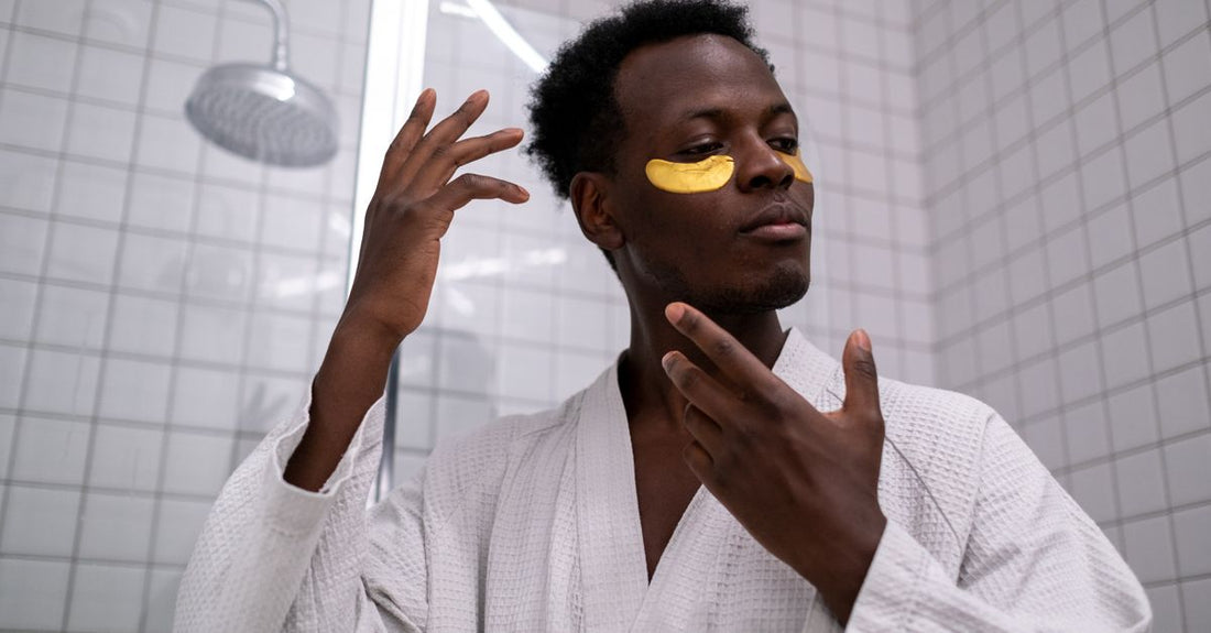 Jar of hydrogel under eye patches on a bathroom shelf, illustrating how to use under eye patches effectively.