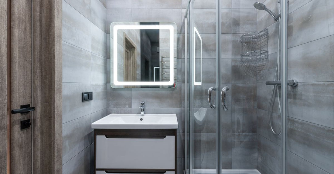 Waterproof shower cap on bathroom shelf, demonstrating how to keep hair dry in shower