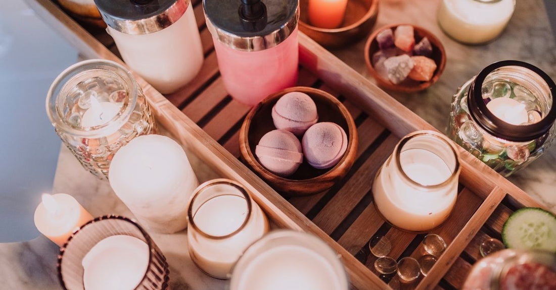 A collection of colourful, handmade bath bombs arranged on a flat surface, illustrating a bath bombs buying guide.