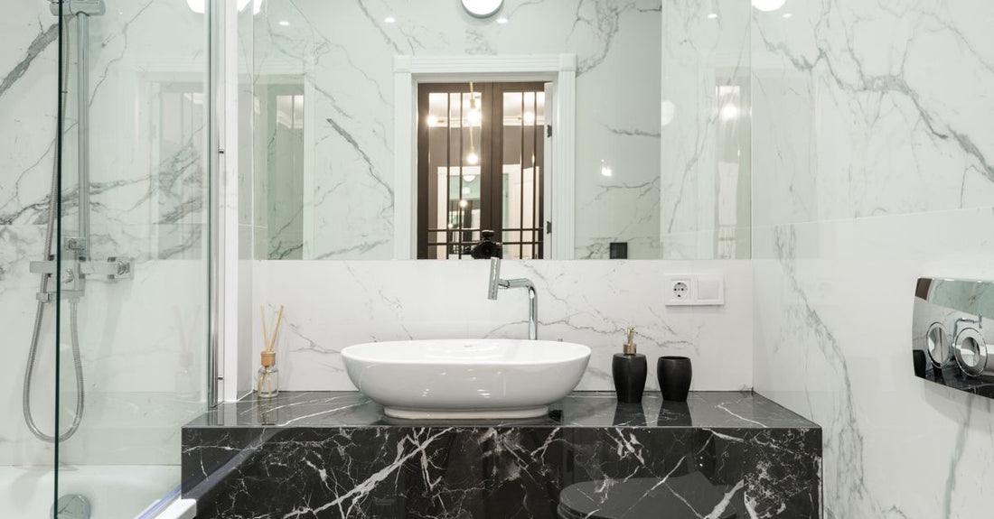 A science-led body washes buying guide featuring a pH-balanced shower gel bottle on a marble surface