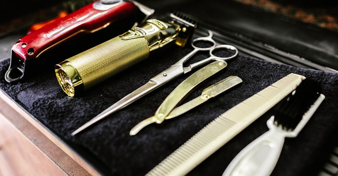 Modern beard trimmer kit with adjustable comb and accessories laid flat on a grooming station.