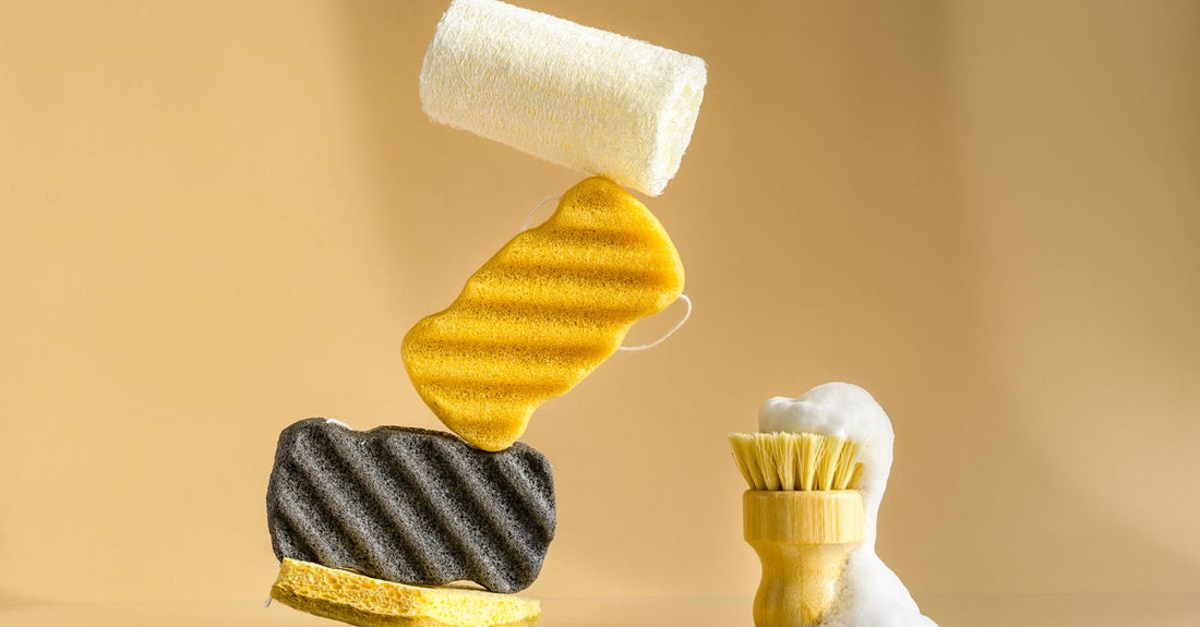 A flatlay of various bath sponges including a loofah, konjac, and mesh pouf, showing how to choose bath sponges for different skin types.