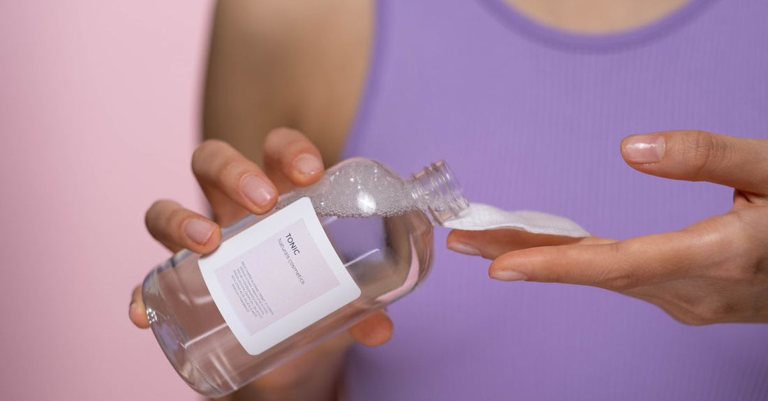 A bottle of acne-fighting toner next to a reusable cotton pad on a bright bathroom shelf, illustrating how to use toner for acne prone skin.
