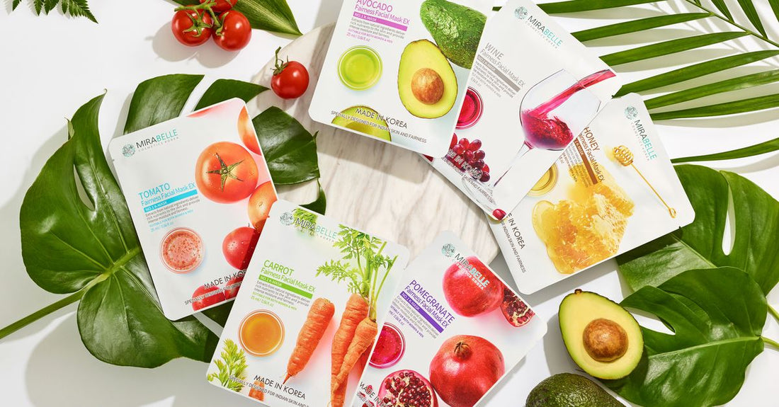 Collagen face mask flatlay with skincare products for glowing skin UK