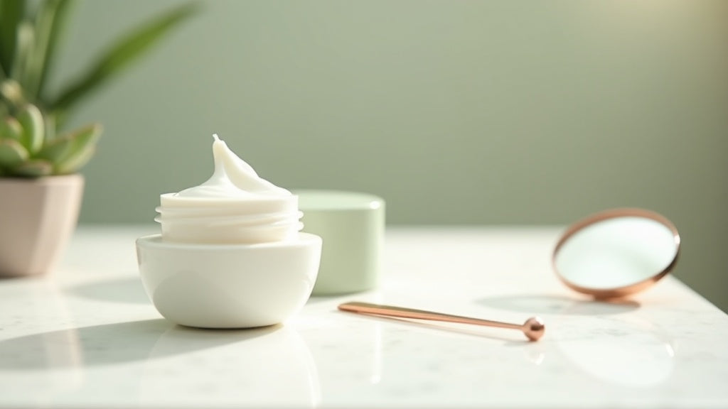 Froya Organics anti-wrinkle cream jar on marble vanity with succulent