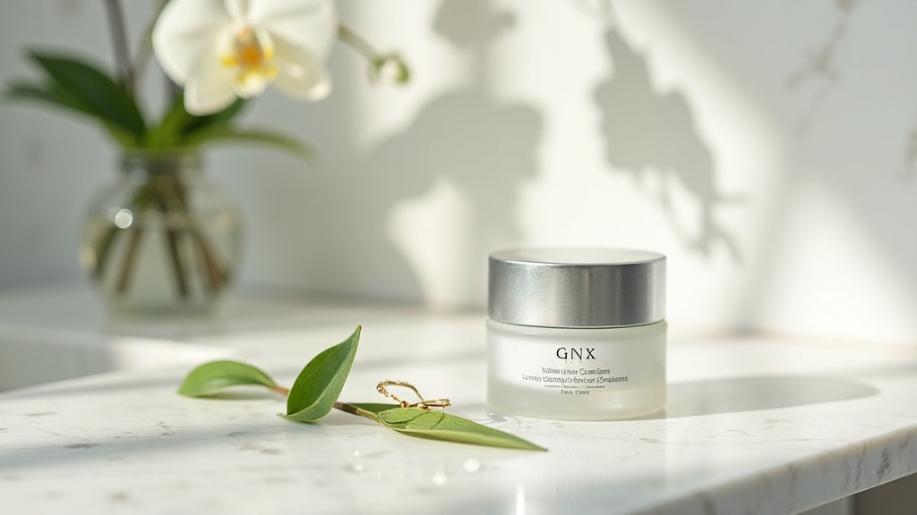 Lightweight face cream UK on marble vanity with fresh greenery and morning light