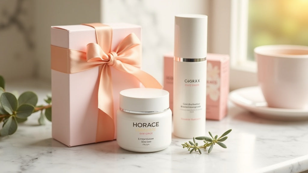 Best skincare gift sets UK 2026 displayed on a marble vanity with luxury wrapping