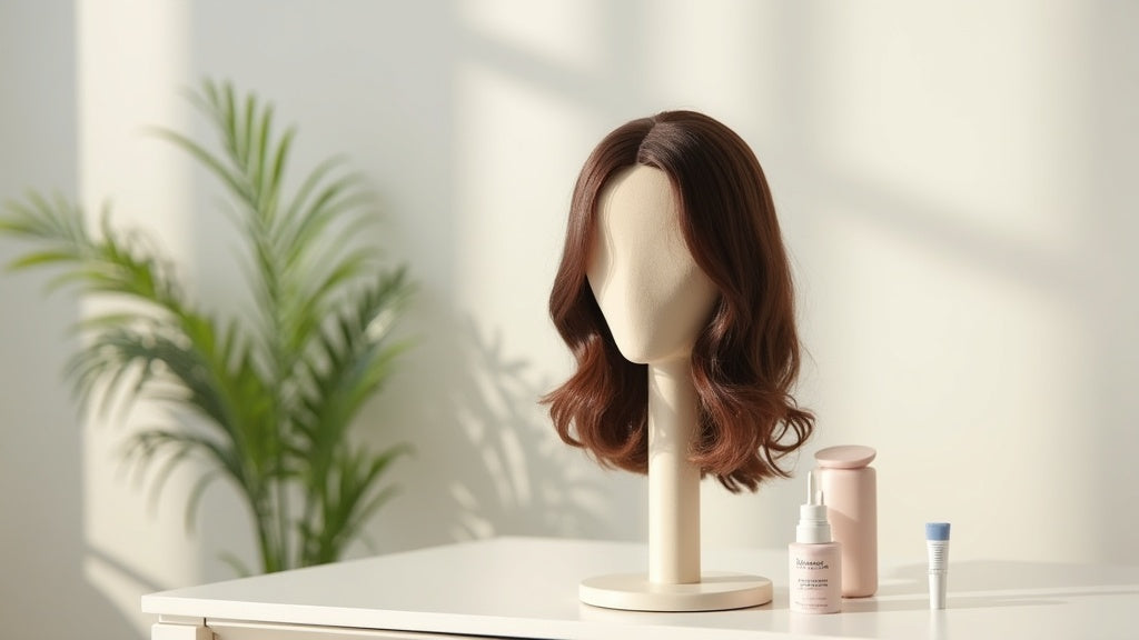 A lace-front wig on a stand with wig adhesive and comb, illustrating how to wear a wig UK for a natural look.