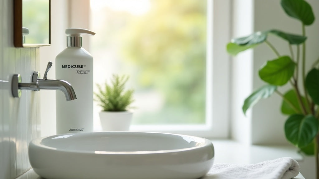 Medicube 3H Drying Lotion bottle on a bathroom shelf, UK beauty skincare product