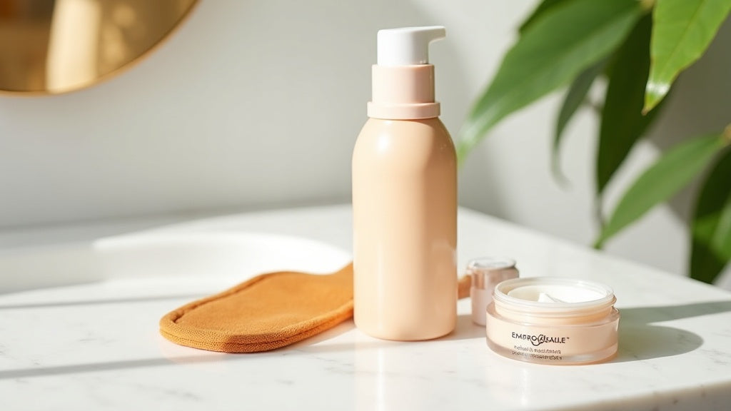 How to apply fake tan UK setup with tanning mitt and moisturiser on marble vanity