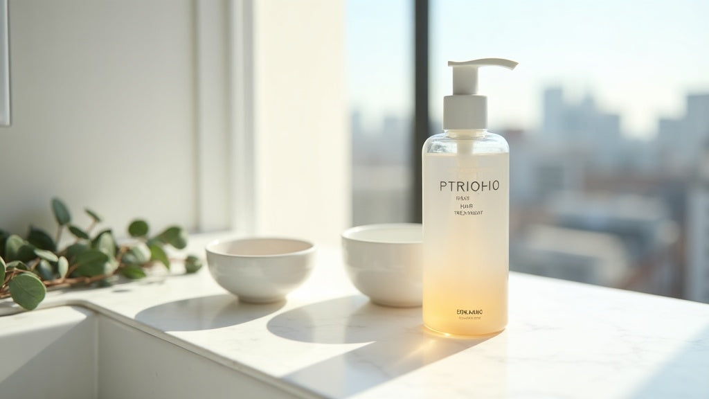 Protein hair treatment UK product on marble vanity with eucalyptus