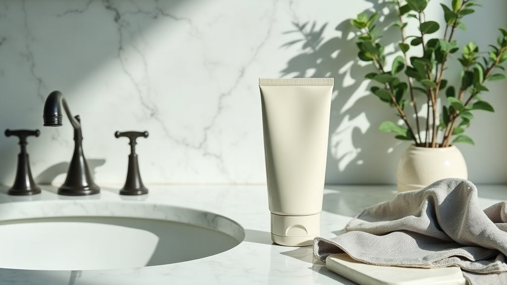 medicube drying lotion on a UK beauty flat lay with eucalyptus and marble