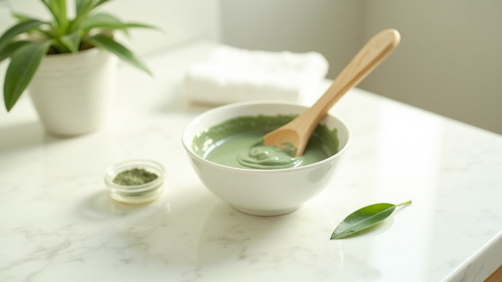 Clay mask for oily skin UK preparation on a marble vanity with green clay and wooden spatula