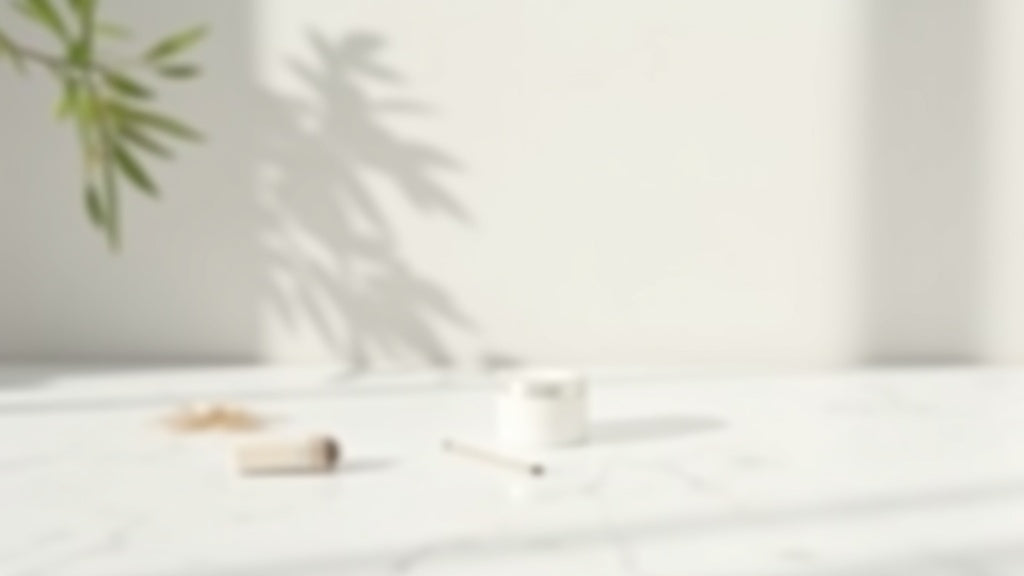 Natural eyebrow filling products on a marble surface, including a brow stamp kit and powder
