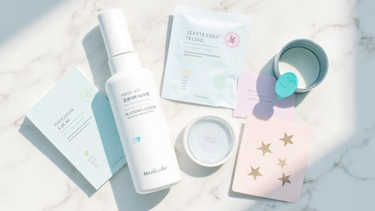 Flat lay of Korean beauty products UK including Medicube drying lotion and pimple patches on marble surface