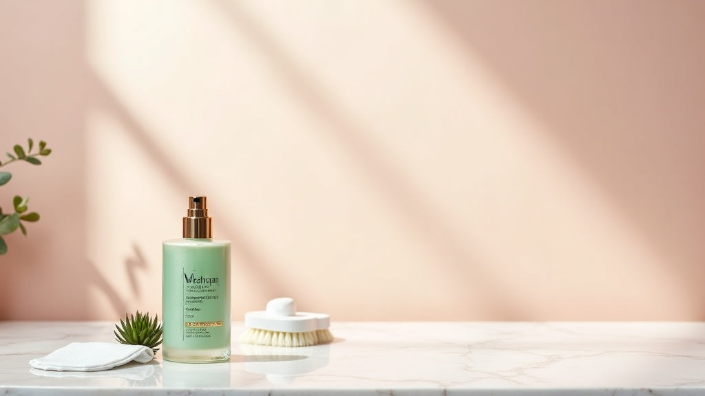 Self tan for pale skin UK bottle on marble vanity with brush and mitts