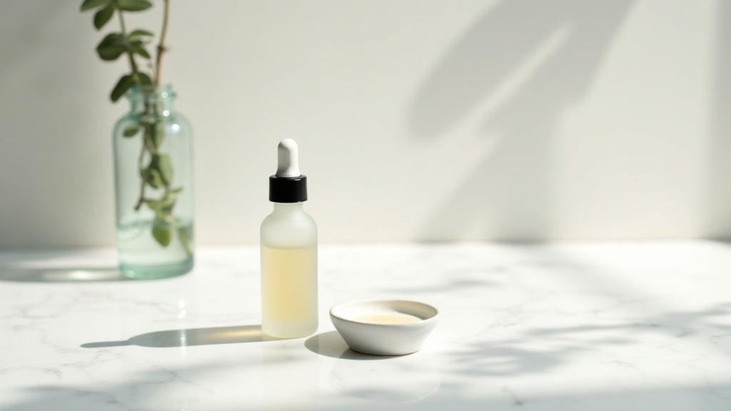 Hyaluronic acid serum UK product on marble with eucalyptus