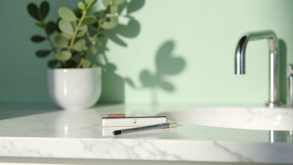 Avelisse eyebrows stamp kit on marble vanity in UK bathroom