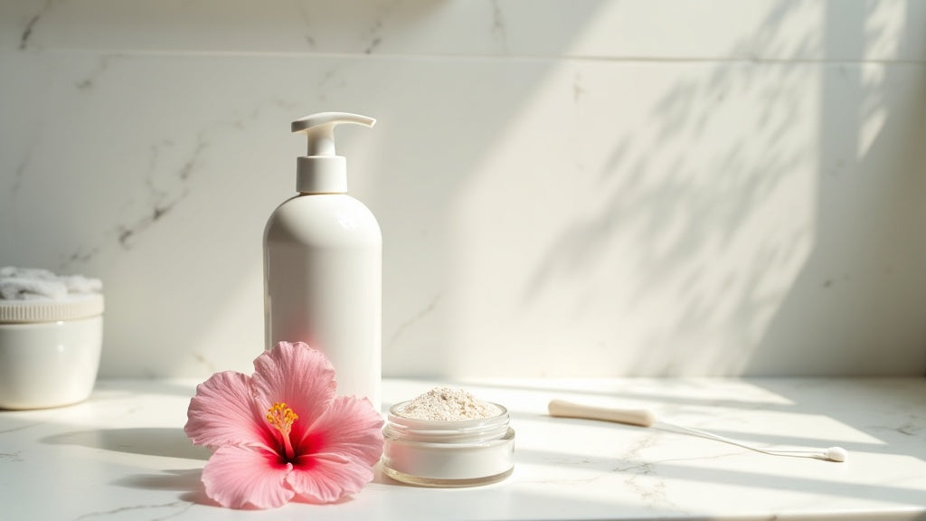 medicube 3h drying lotion bottle on marble counter with cotton swab and flower