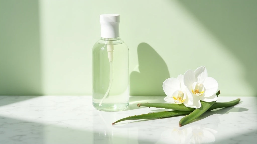 Alcohol free toner UK on marble vanity with aloe vera and orchid