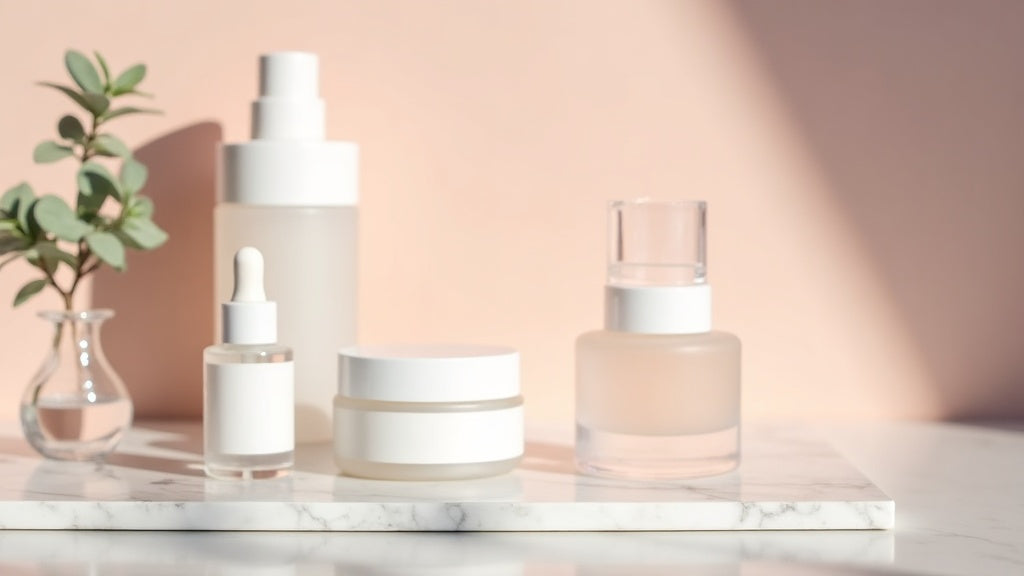 A skincare starter kit UK collection on marble vanity with natural light