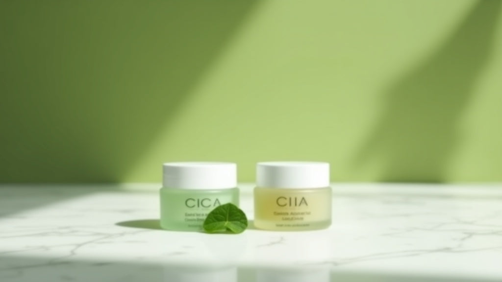 Cica cream and centella asiatica comparison on marble vanity, UK skincare editorial
